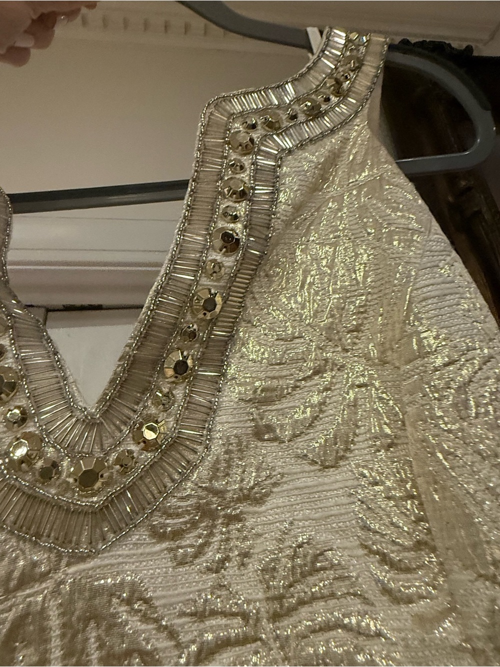 Lilly Pulitzer Ivory and Gold Leaf Embellished Mini Dress. - Picture 5 of 11